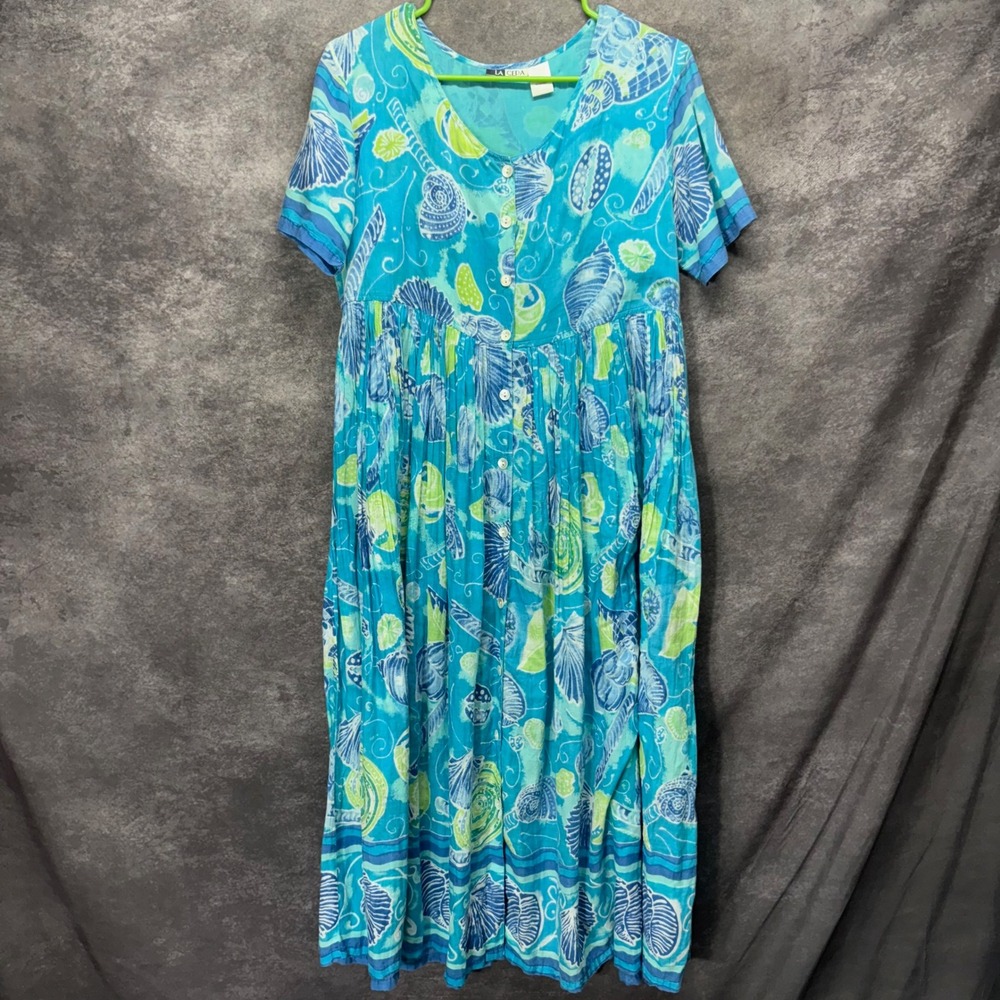 La Cera Cotton Seashell Print Button Front Midi Dress Blue Green SIze Small